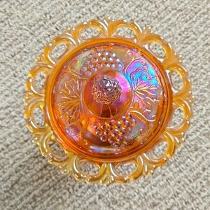 Vintage Indiana Carnival Glass Candy Dish & Lid No Chips NICE Amber Rainbow 7"